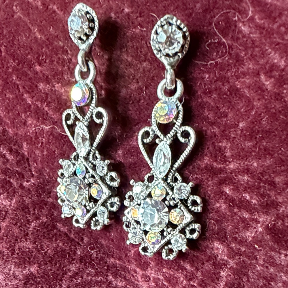 Crystal Drop Dangle Earrings - Silver Tone Vintage Formal Boho Victorian Elegant